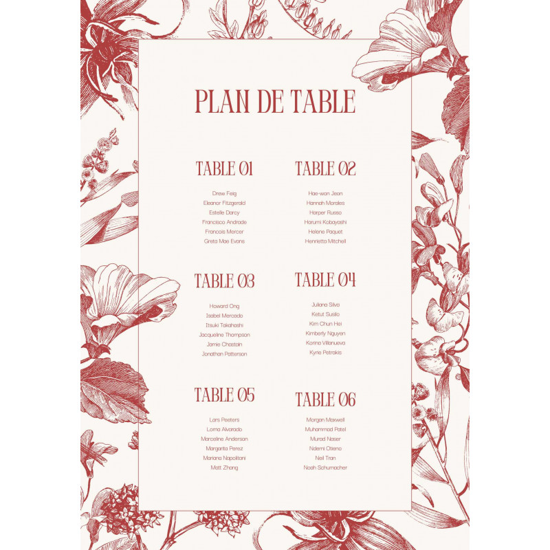 Plan de table mariage "Rouge Éternel" – Élégance et organisation pour votre réception