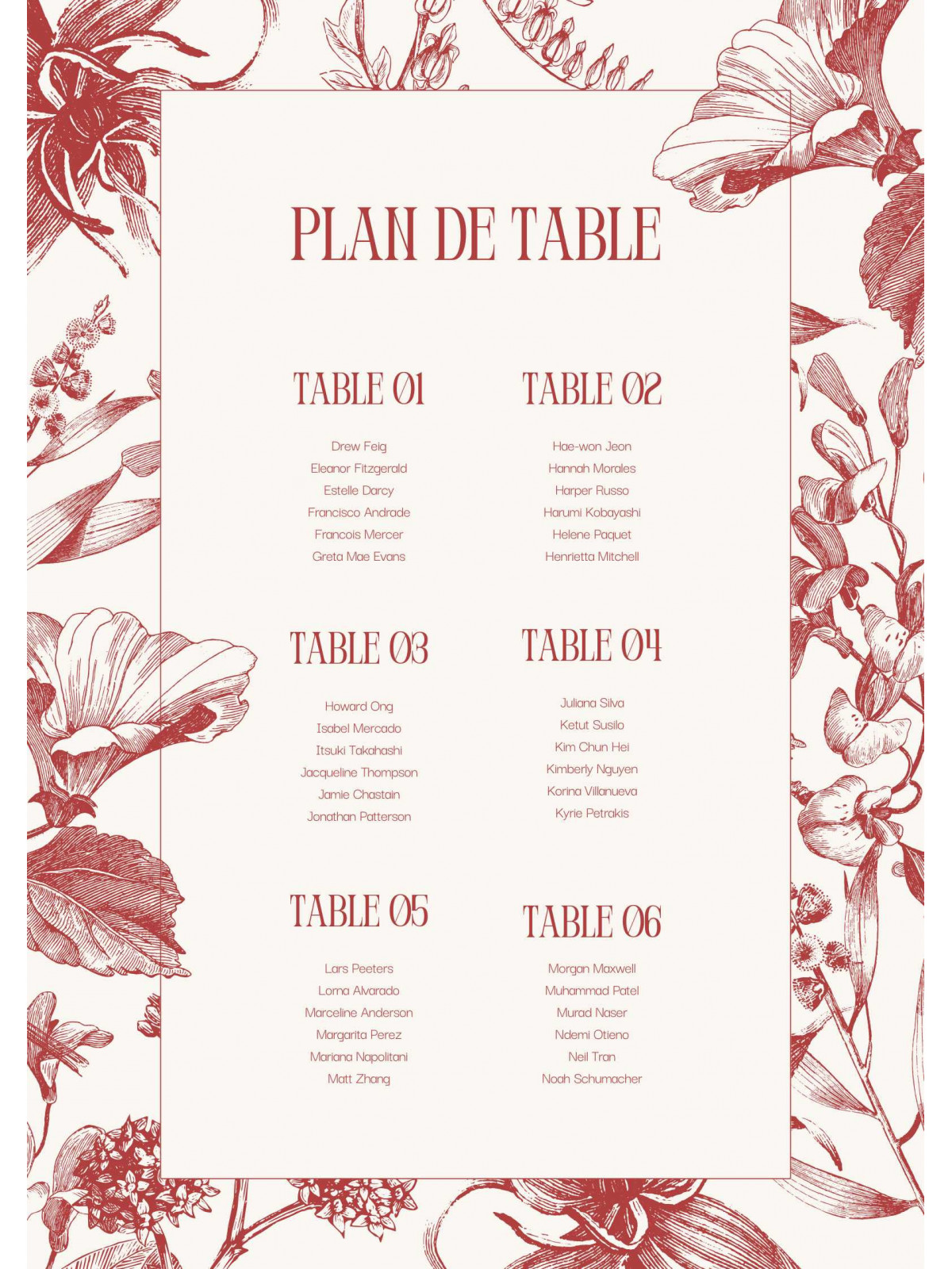 Plan de table mariage "Rouge Éternel" – Élégance et organisation pour votre réception