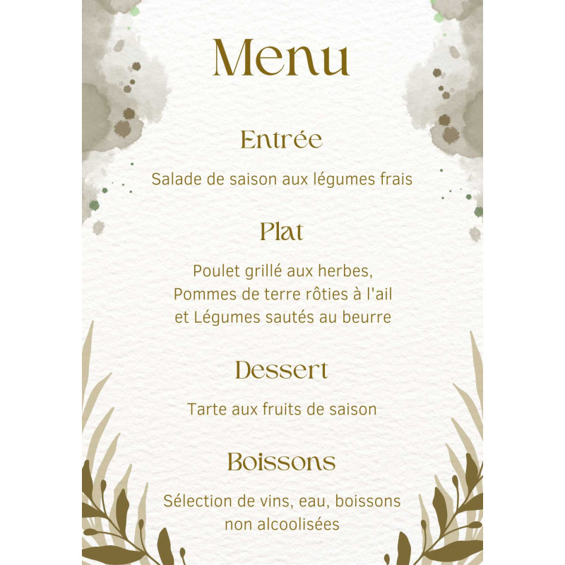 Menu de mariage "Élégance Naturelle" – Raffinement et tons dorés pour votre table