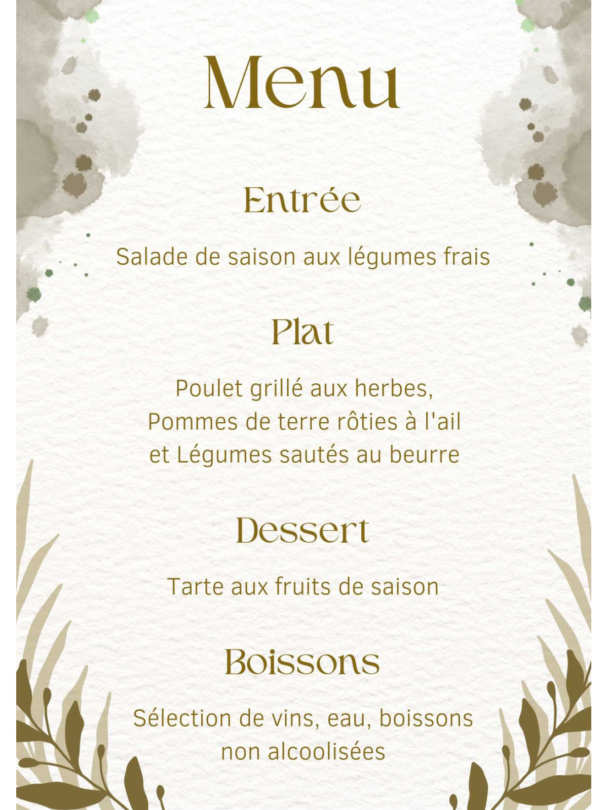 Menu de mariage "Élégance Naturelle" – Raffinement et tons dorés pour votre table