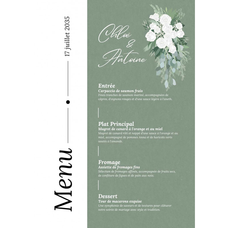 Menu de mariage Émeraude Florale – Élégance et nature à votre table