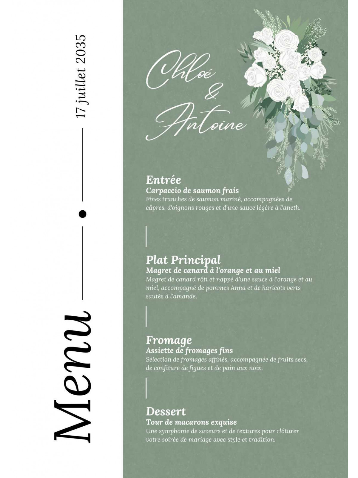Menu de mariage Émeraude Florale – Élégance et nature à votre table