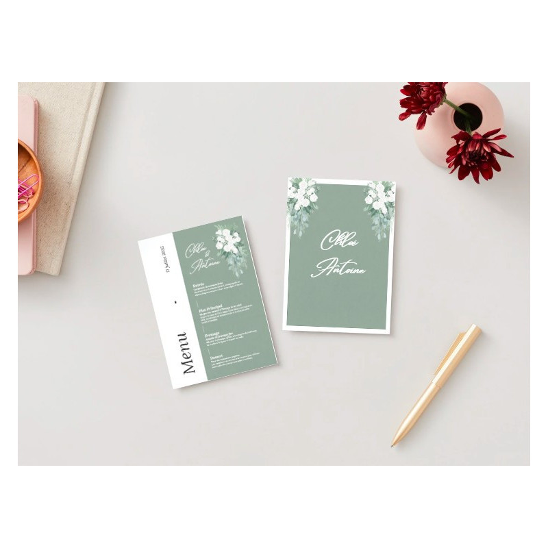 Menu de mariage Émeraude Florale – Élégance et nature à votre table