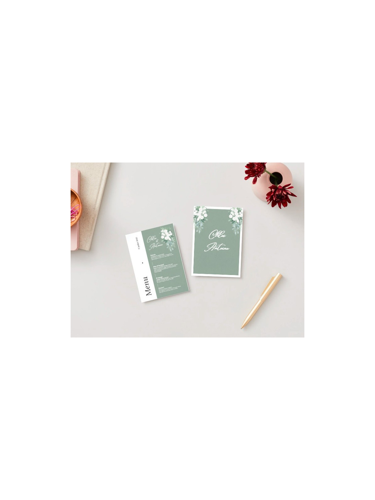 Menu de mariage Émeraude Florale – Élégance et nature à votre table