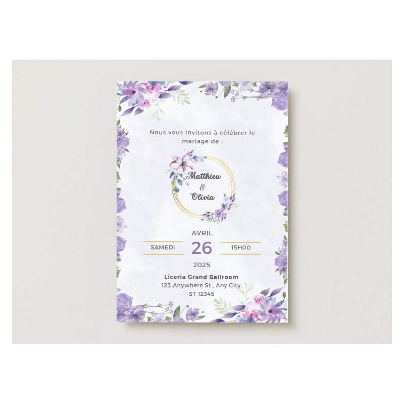Faire-part de mariage floral – Élégance et romantisme en nuances de violet Faire-part de mariage floral – Élégance et romantisme en nuances de violet