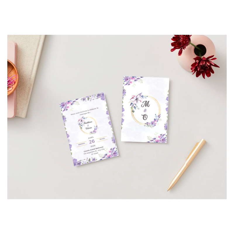 Faire-part de mariage floral – Élégance et romantisme en nuances de violet Faire-part de mariage floral – Élégance et romantisme en nuances de violet